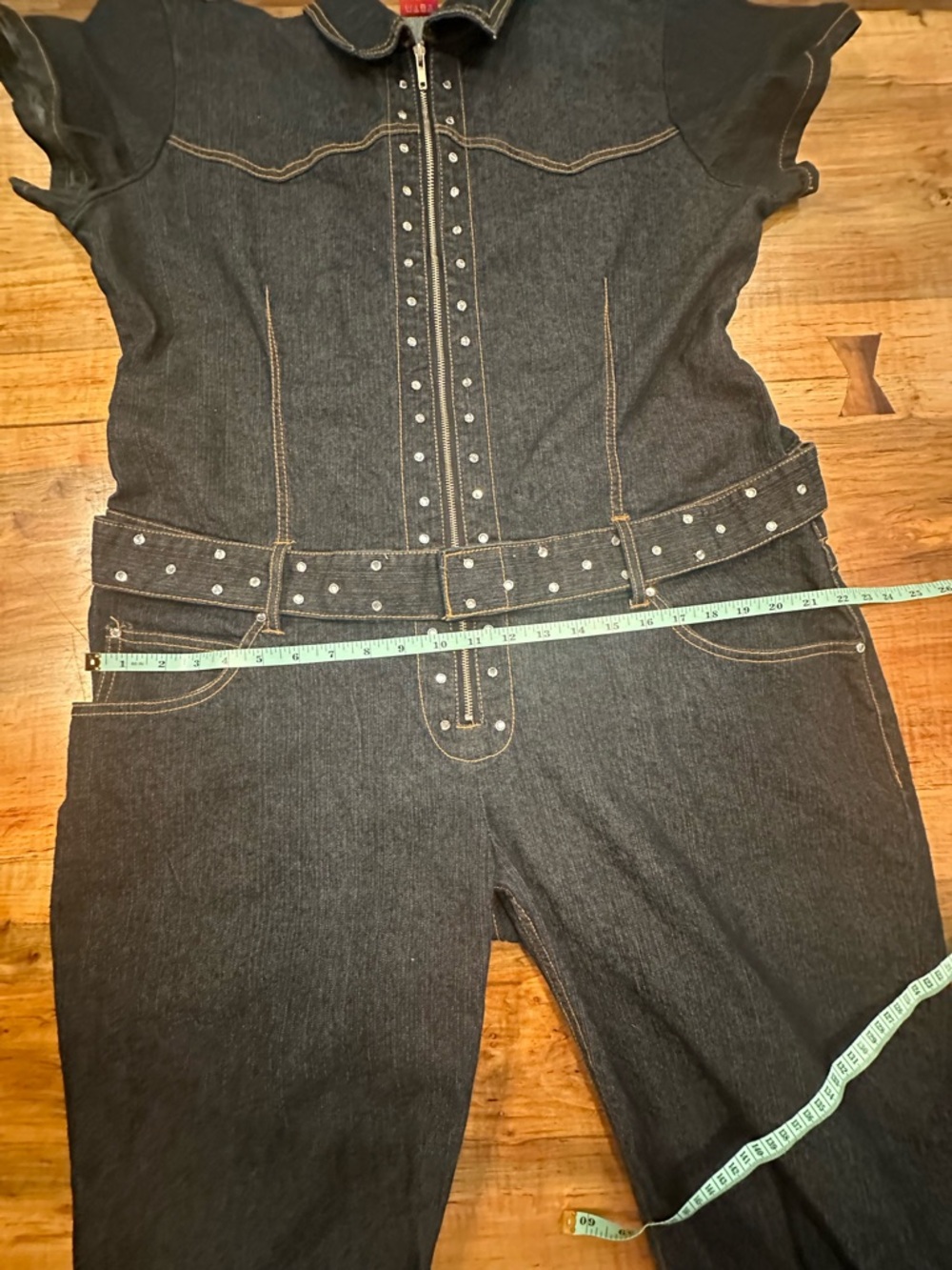 Goddess Plus Size 18 Denim Jumpsuit Rhinestone Belted Western Boho Y2K Flare XL - Picture 14 of 14